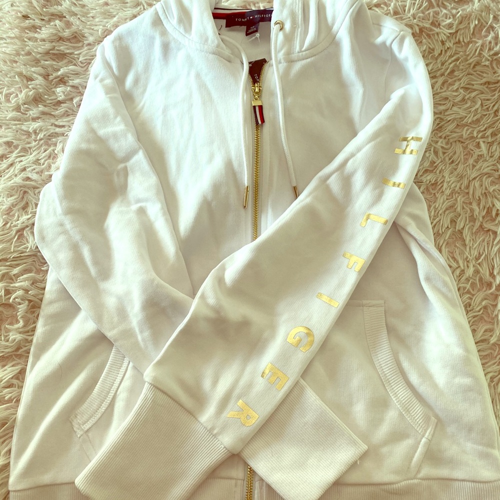 NWT Tommy Hilfiger White and Gold ZIP Up Hoodie S
